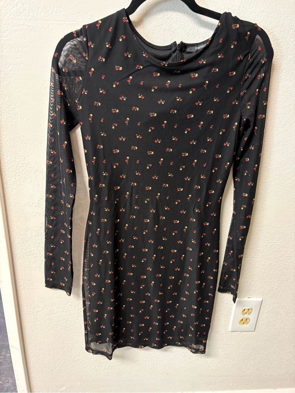 Forever 21 Black Long-Sleeve Mini Dress with Red Cherry Print